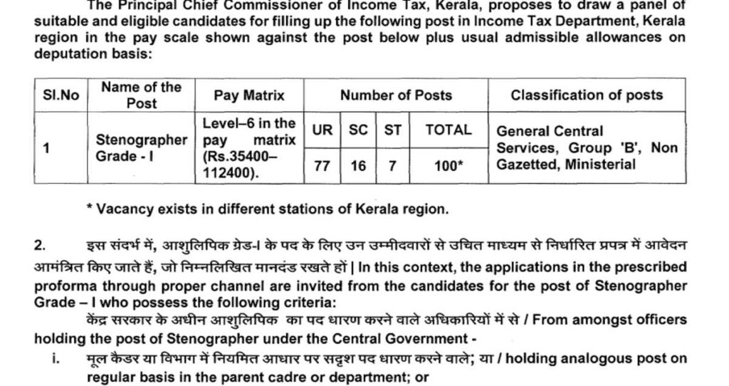 Income Tax Dept Stenographer Grade - I Recruitment 2025